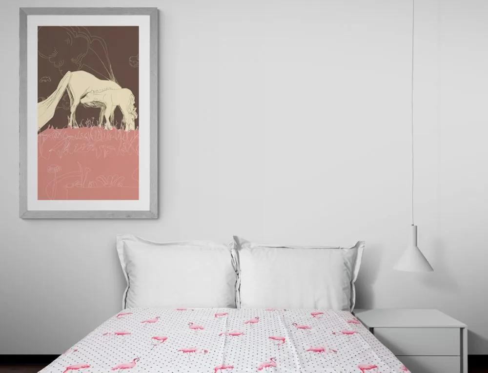 Αφίσα με πασπαρτού Άλογο σε ροζ λιβάδι - 20x30 silver