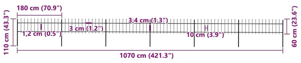 vidaXL Φράχτης Κήπου με Κορυφή Δόρυ από Ατσάλι, Μαύρος 1070x60 εκ.
