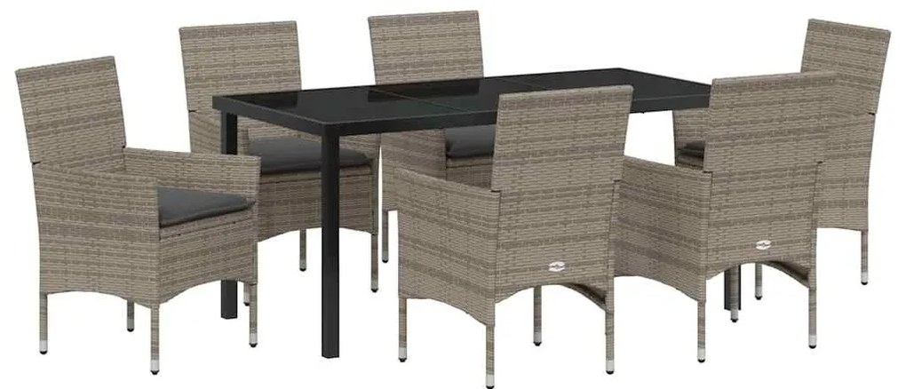 vidaXL Σέτ φαγητού για κήπο με μαξιλάρι 7 pcs Γκρι Πολυ ράταν