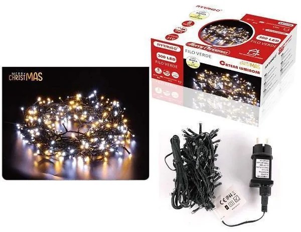 300 Χριστουγεννιάτικα Λαμπάκια LED Θερμό + Ψυχρό Λευκό 18Μ Εξωτερικού χώρου σε Σειρά με Πράσινο Καλώδιο Arrango AN77206