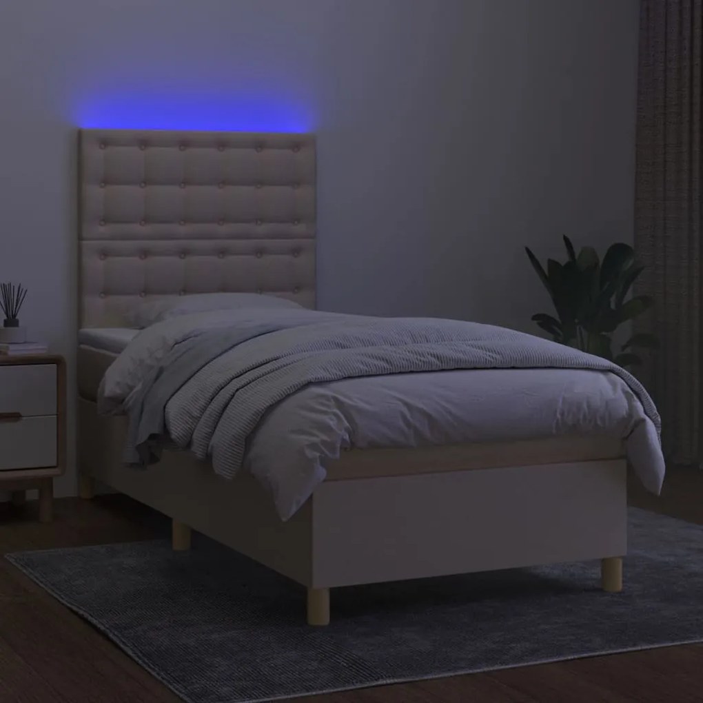 vidaXL Κρεβάτι Boxspring με Στρώμα & LED Κρεμ 90x190 εκ. Υφασμάτινο