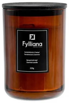 ΑΡΩΜΑΤΙΚΟ ΚΕΡΙ Fylliana FL80105 "ΣΑΝΔΑΛΟΞΥΛΟ &amp; ΓΙΑΣΕΜΙ" ΣΕ ΓΥΑΛΙΝΟ ΒΑΖΑΚΙ 220gr ΚΑΙ ΣΥΣΚΕΥΑΣΙΑ ΔΩΡΟΥ ΚΑΦΕ ΧΡΩΜΑ 8x10.5εκ 394-125-004