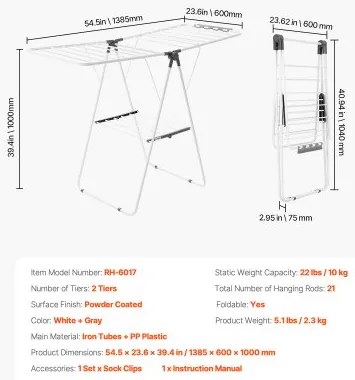 VEVOR 2-Tier Foldable Clothes Drying Rack with Sock Clips & 21 Drying Rods White