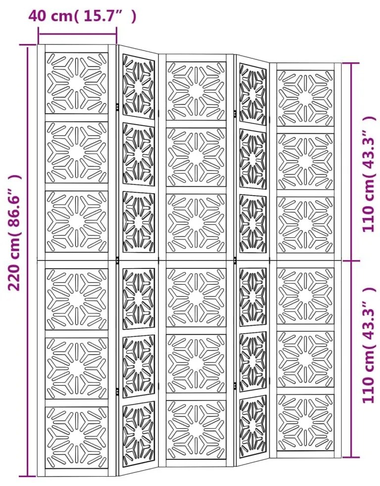 Διαχωριστικό Χώρου με 5 Πάνελ Καφέ/Μαύρο Μασίφ Ξύλο Παυλώνιας - Καφέ