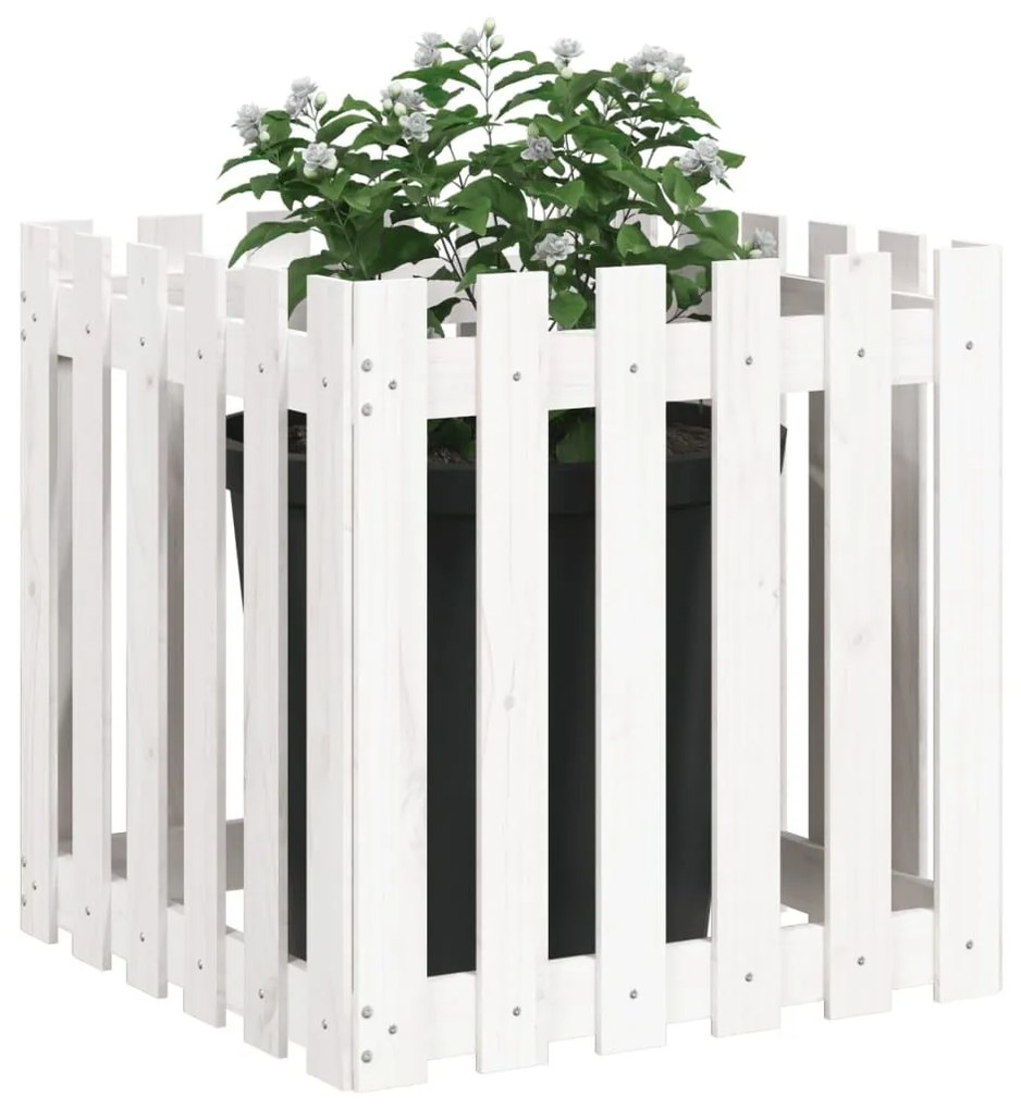 Ζαρντινιέρα με Σχέδιο Φράχτη Λευκή 60 x 60 x 60 εκ. Μασίφ Πεύκο - Λευκό