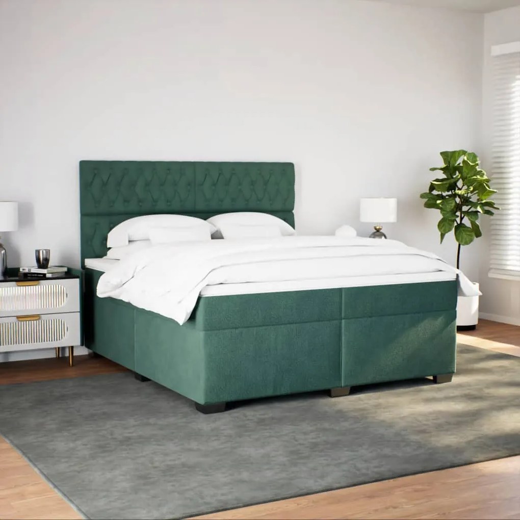 vidaXL Κρεβάτι Boxspring με Στρώμα Σκούρο Πράσινο 200x200εκ. Βελούδινο