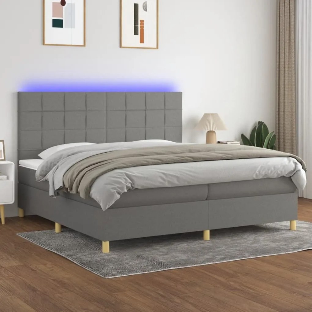 Κρεβάτι Boxspring με Στρώμα &amp; LED Σκ.Γκρι 200x200εκ. Υφασμάτινο - Γκρι