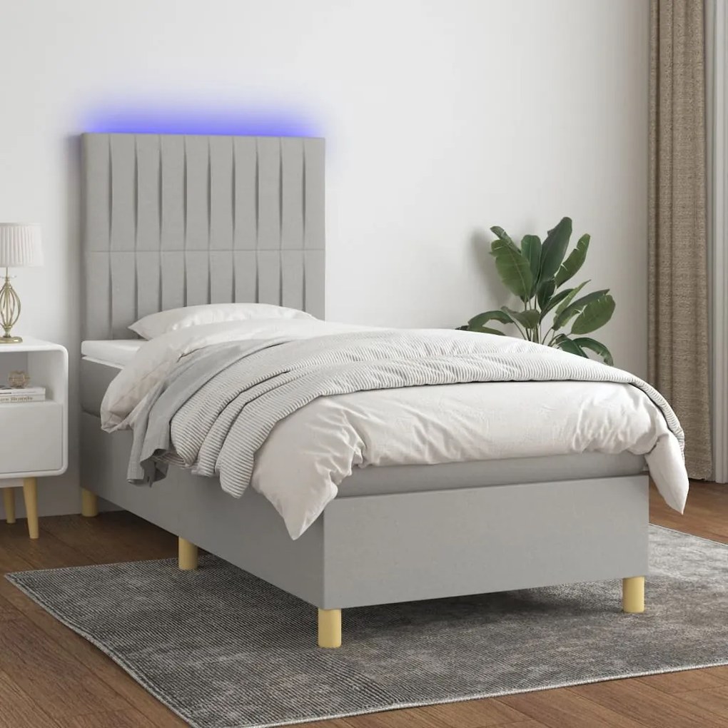 vidaXL Κρεβάτι Boxspring με Στρώμα &amp; LED Αν.Γκρι 90x190 εκ. Υφασμάτινο