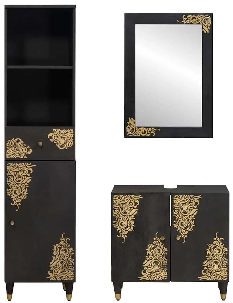 vidaXL Σετ Ντουλαπιών Μπάνιου Επιτοίχιο 3 pcs Μαύρο Στερεό ξύλο μάνγκο