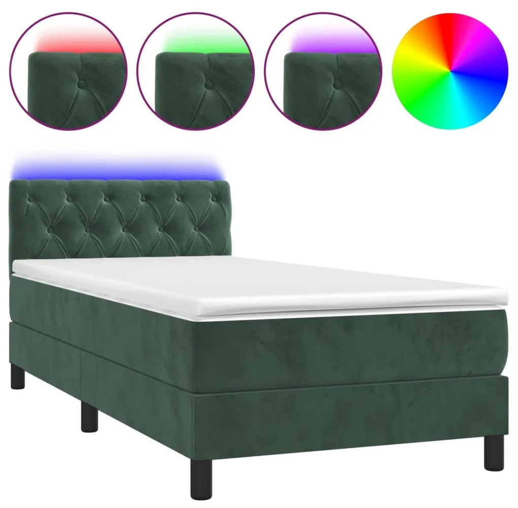 vidaXL Κρεβάτι Boxspring με Στρώμα & LED Σκ. Πράσινο 80x200 εκ Βελούδο