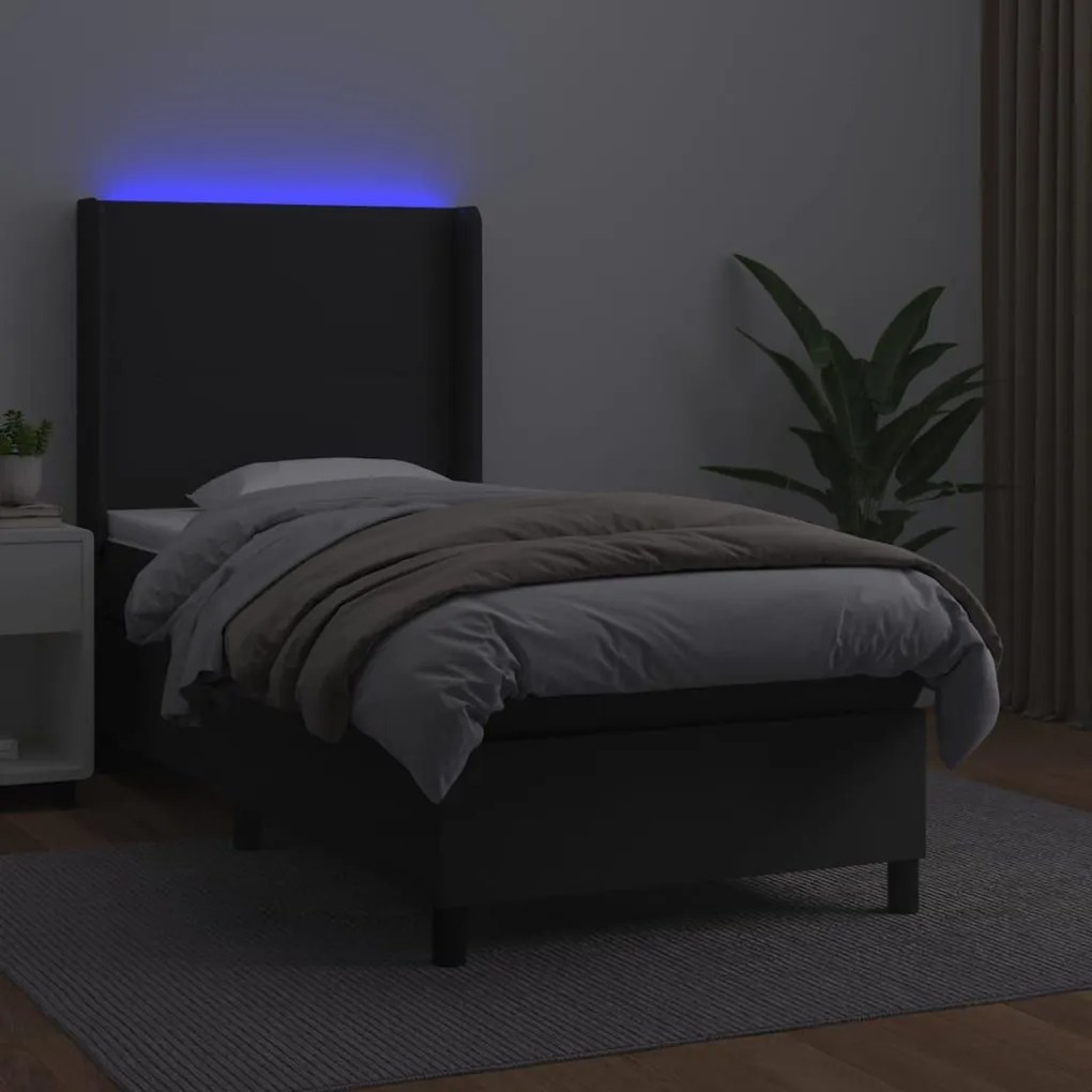 Κρεβάτι Boxspring με Στρώμα &amp; LED Μαύρο 100x200 εκ. Συνθ. Δέρμα - Μαύρο