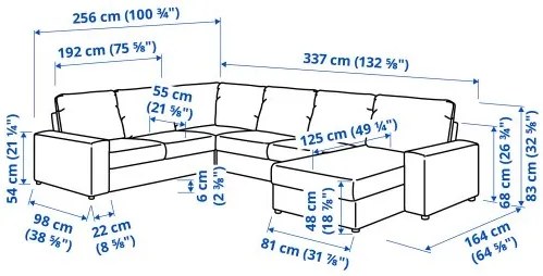 VIMLE γωνιακός καναπές, 5θέσεων με σεζλόνγκ με πλατιά μπράτσα 194.018.18