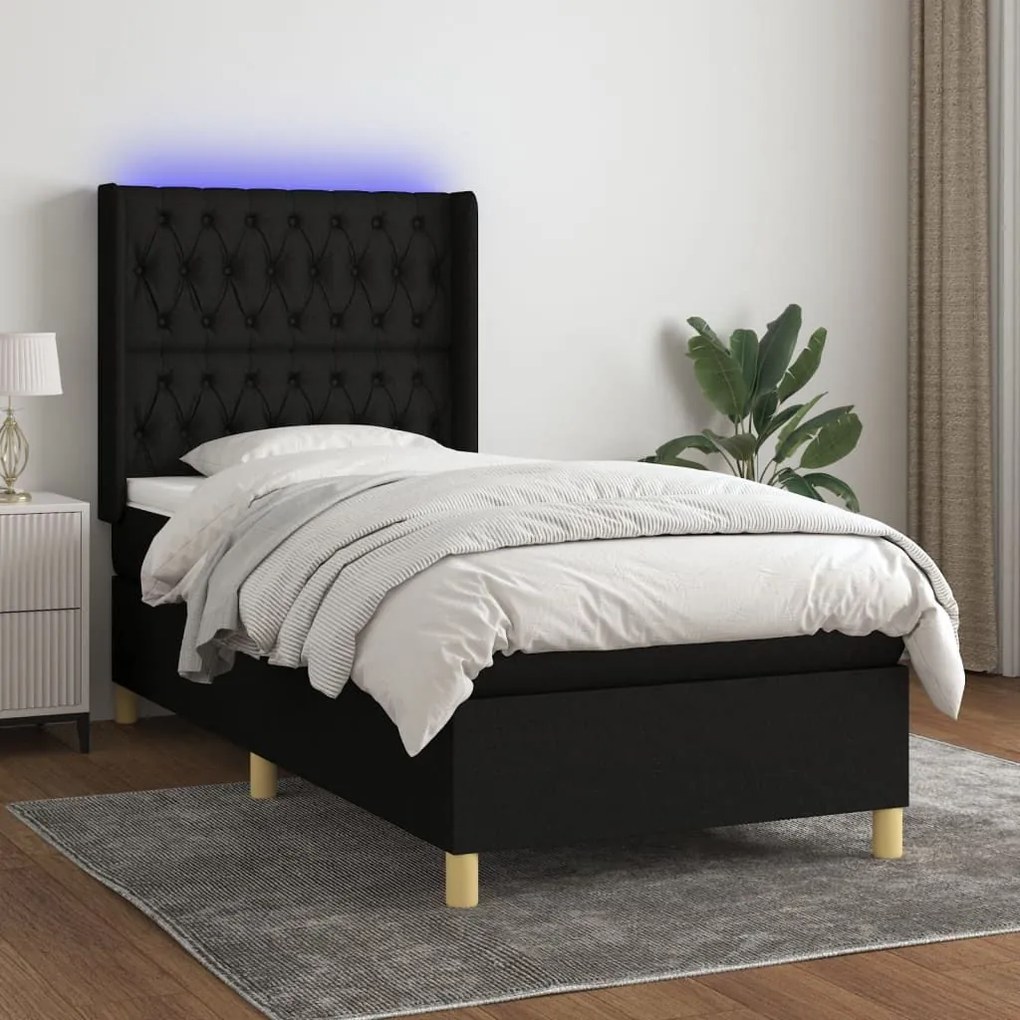 Κρεβάτι Boxspring με Στρώμα &amp; LED Μαύρο 80x200 εκ. Υφασμάτινο - Μαύρο