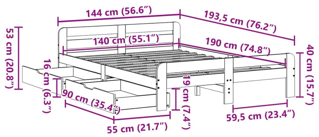 Σκελετός Κρεβατιού Χωρίς Στρώμα Καφέ 140x190 Μασίφ Ξύλο Πεύκου - Καφέ