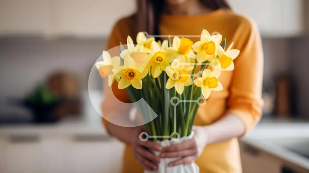 Intra Συλλεκτικό Ξύλινο Παζλ Plywood 4mm - Γυναίκα που κρατά φρέσκους κίτρινους νάρκισσους Σε Ξύλινο Κουτί - Διαστάσεις: 10x10 cm – 25 κομμάτια