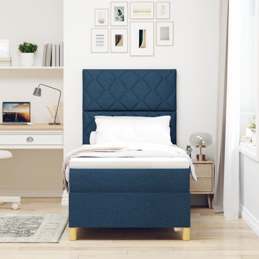 vidaXL Box Spring Κρεβάτι με Στρώμα Μπλε 90x200 cm Ύφασμα