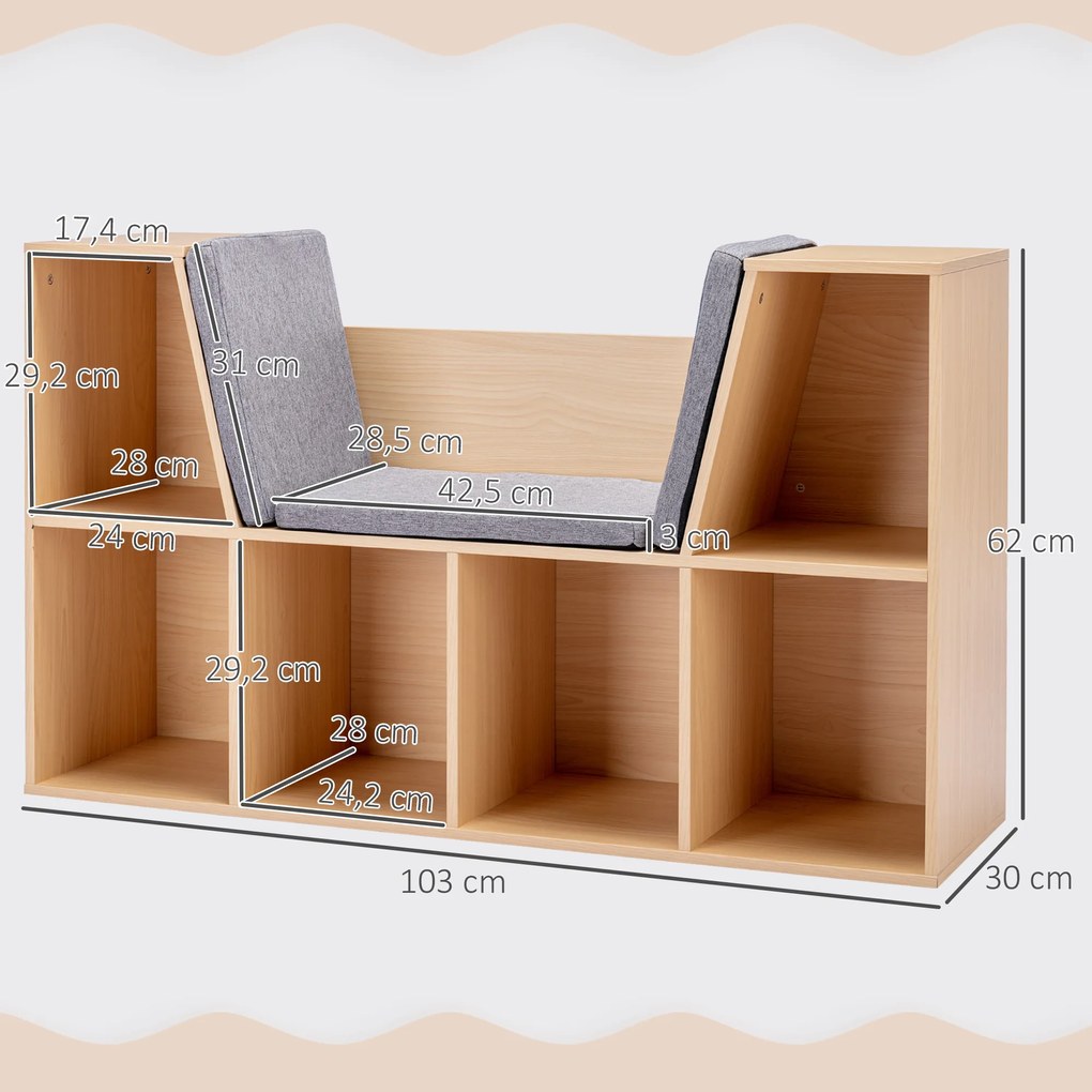 HOMCOM 2-in-1 Παιδικό Ράφι + Πάγκος με Μαξιλάρι 103 cm × 30 cm × 62 cm Λευκό + Γκρι
