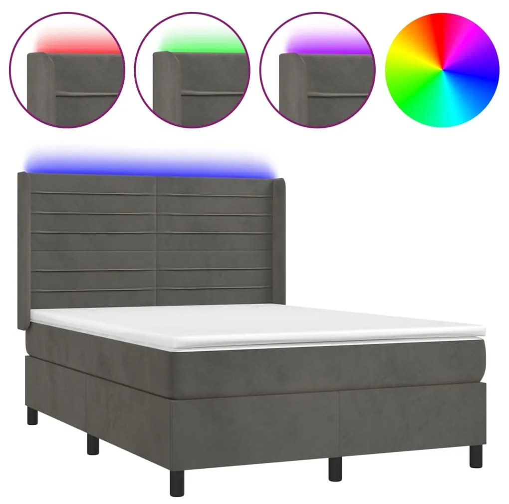 vidaXL Κρεβάτι Boxspring με Στρώμα & LED Σκ. Γκρι 140x200εκ. Βελούδινο