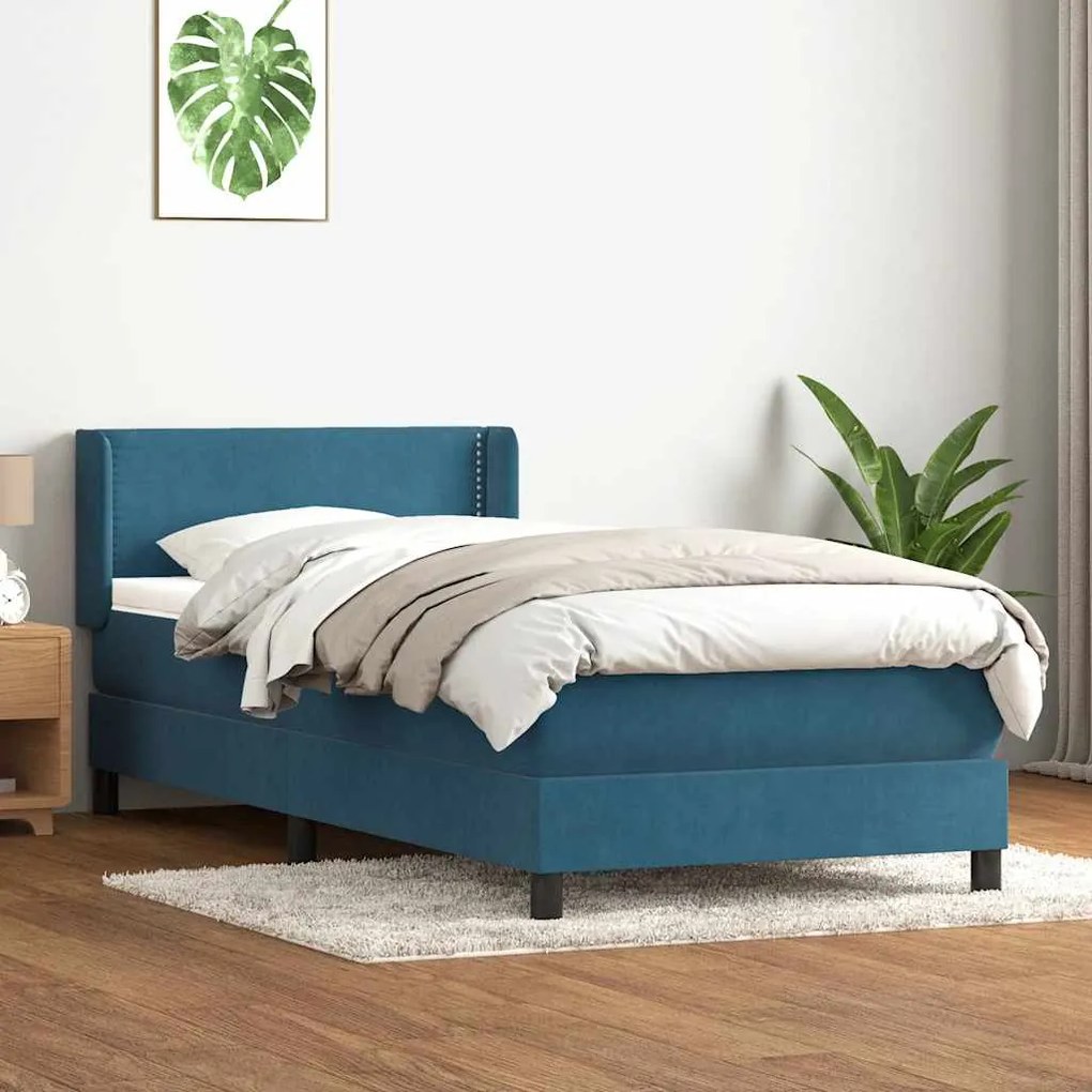 Box Spring κρεβάτι με στρώμα σκούρο μπλε 90x210 εκ. Βελούδινο