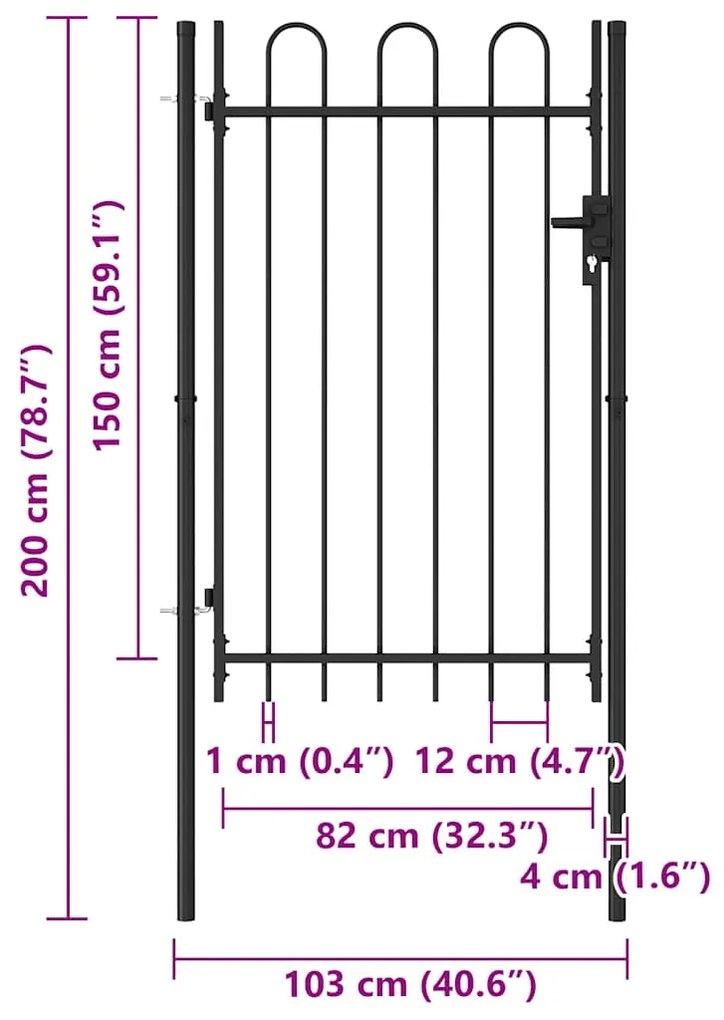 vidaXL Καγκελόπορτα Μονή με Αψιδωτή Κορυφή Μαύρη 1 x 1,5 μ. Ατσάλινη
