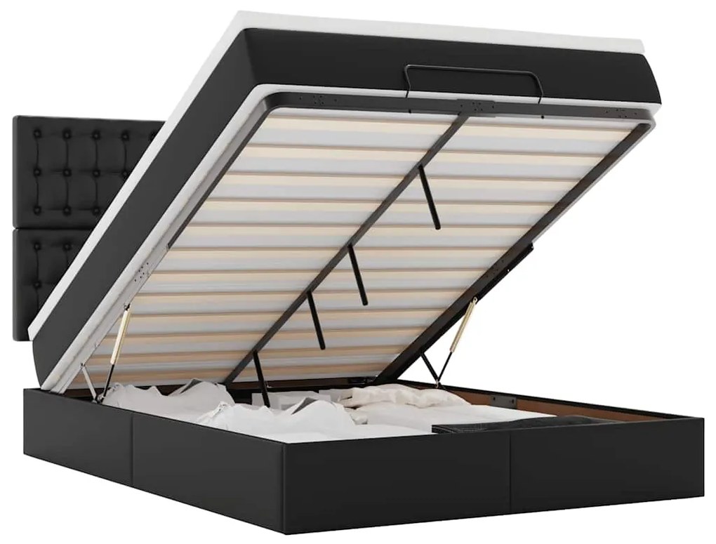 vidaXL Οθωμανικό κρεβάτι με στρώμα & LEDs Μαύρο Συνθετικό δέρμα