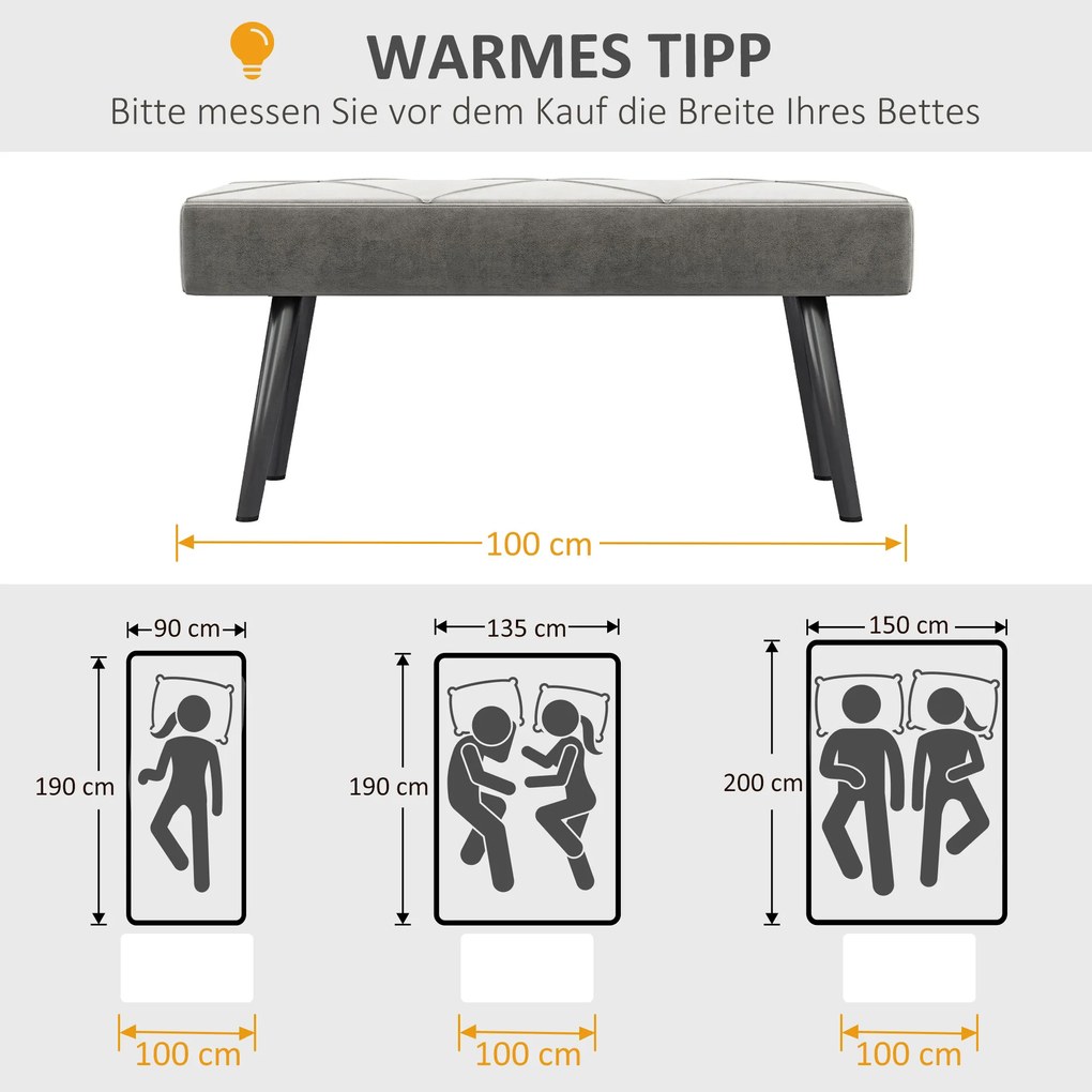 HOMCOM Πάγκος ταπετσαρισμένος, Πάγκος κρεβατιού, Όψη βελούδου, 100 x 36 x 45 cm, Γκρι