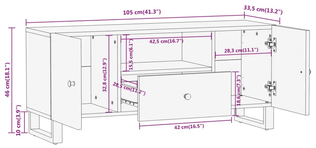 Έπιπλο Τηλεόρασης Καφέ/Μαύρο 105x33,5x46 εκ. Μασίφ Ξύλο Μάνγκο - Καφέ