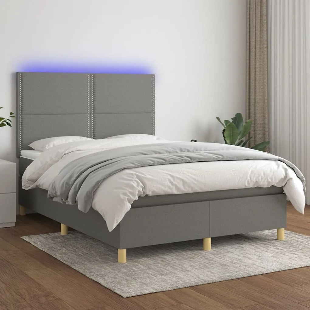 vidaXL Κρεβάτι Boxspring με Στρώμα & LED Σκ.Γκρι 140x190εκ. Υφασμάτινο