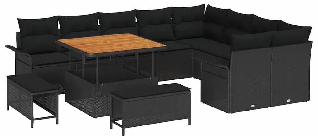 vidaXL Σετ Καναπέ Κήπου  12 Τεμαχίων με Μαξιλάρια Μαύρο Πολυ Ράτταν
