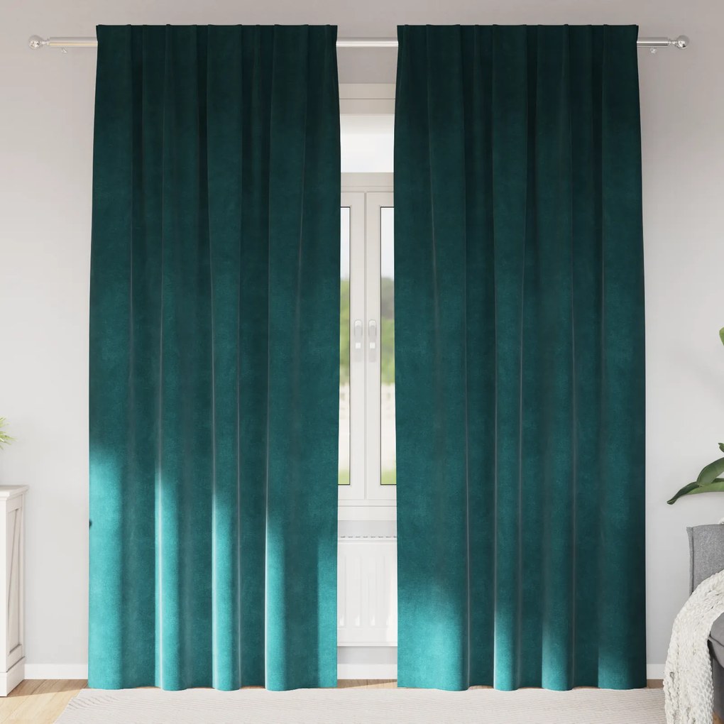 vidaXL Curtains blackout  με κορδέλα 2 τεμ Σκούρο Πράσινο Βελούδο