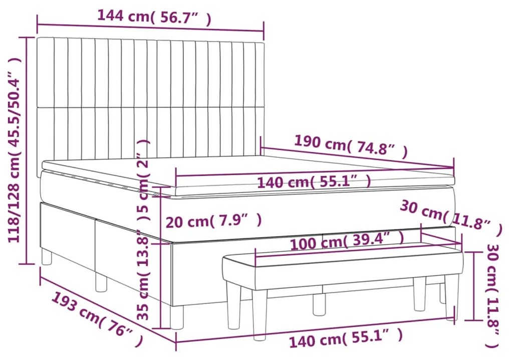 Κρεβάτι Boxspring με Στρώμα Σκούρο Γκρι 140x190 εκ. Βελούδινο - Γκρι