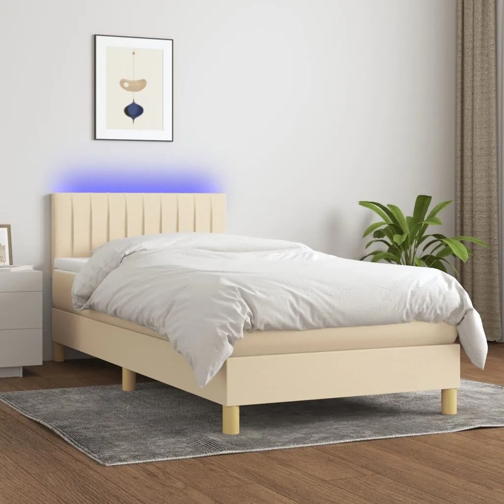 3133834 vidaXL Κρεβάτι Boxspring με Στρώμα &amp; LED Κρεμ 80x200 εκ. Υφασμάτινο Κρεμ, 1 Τεμάχιο