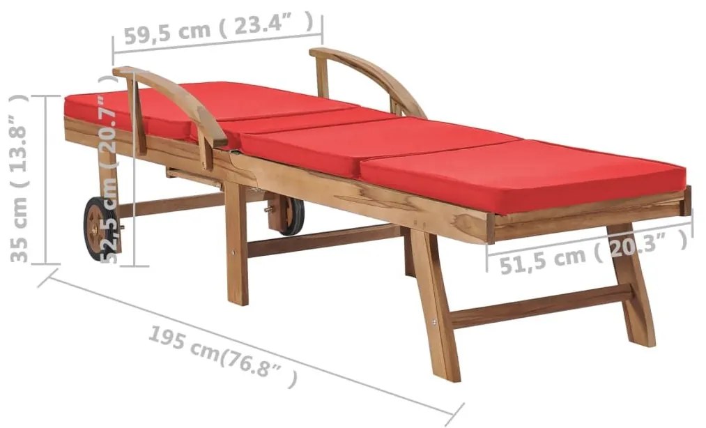 Ξαπλώστρες Κόκκινο του Ξύλου Μασίφ Ξύλο Teak με 2 τεμ Μαξιλάρια - Κόκκινο