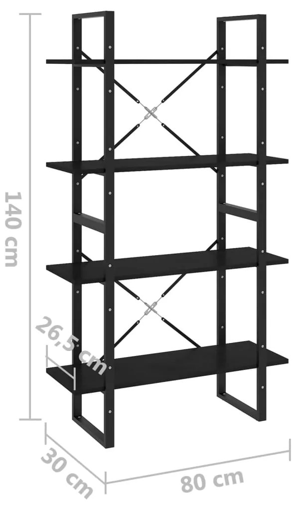 Βιβλιοθήκη με 4 Ράφια Μαύρη 80 x 30 x 140 εκ. Μασίφ Ξύλο Πεύκου - Μαύρο