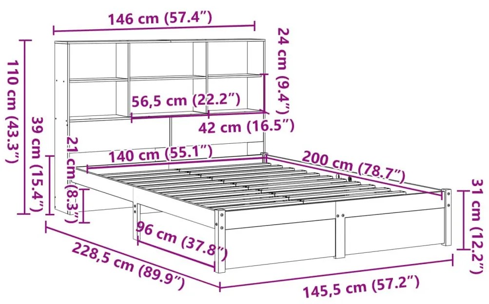 Κρεβάτι Βιβλιοθήκη Χωρίς Στρώμα 140x200 εκ Μασίφ Ξύλο Πεύκο - Λευκό