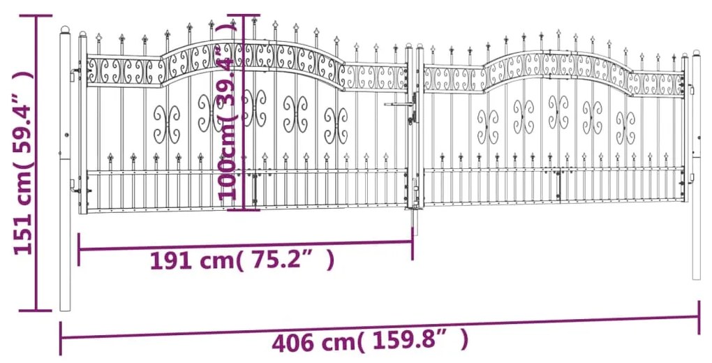 Πόρτα Φράχτη με Ακίδες Μαύρη 406x151 εκ. Ατσάλι με Ηλεκτρ. Βαφή - Μαύρο