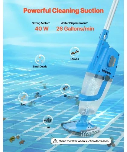 VEVOR Pool Vacuum 26 GPM Rechargeable Pool Cleaner Max. 1H with Extension Pole