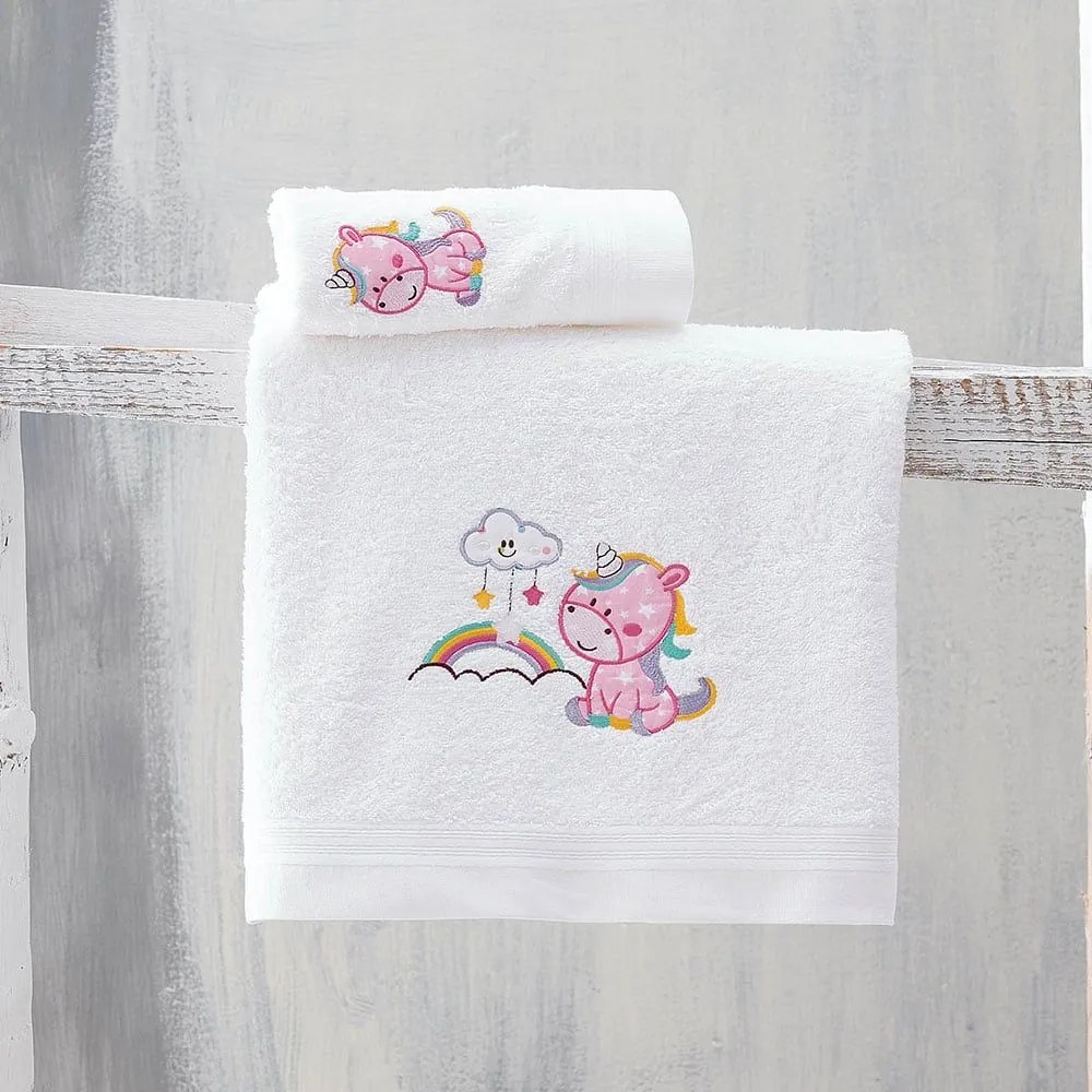 Πετσέτες Παιδικές Σετ 2τμχ Monokero White-Pink Ρυθμός Towels Set 100% Βαμβάκι