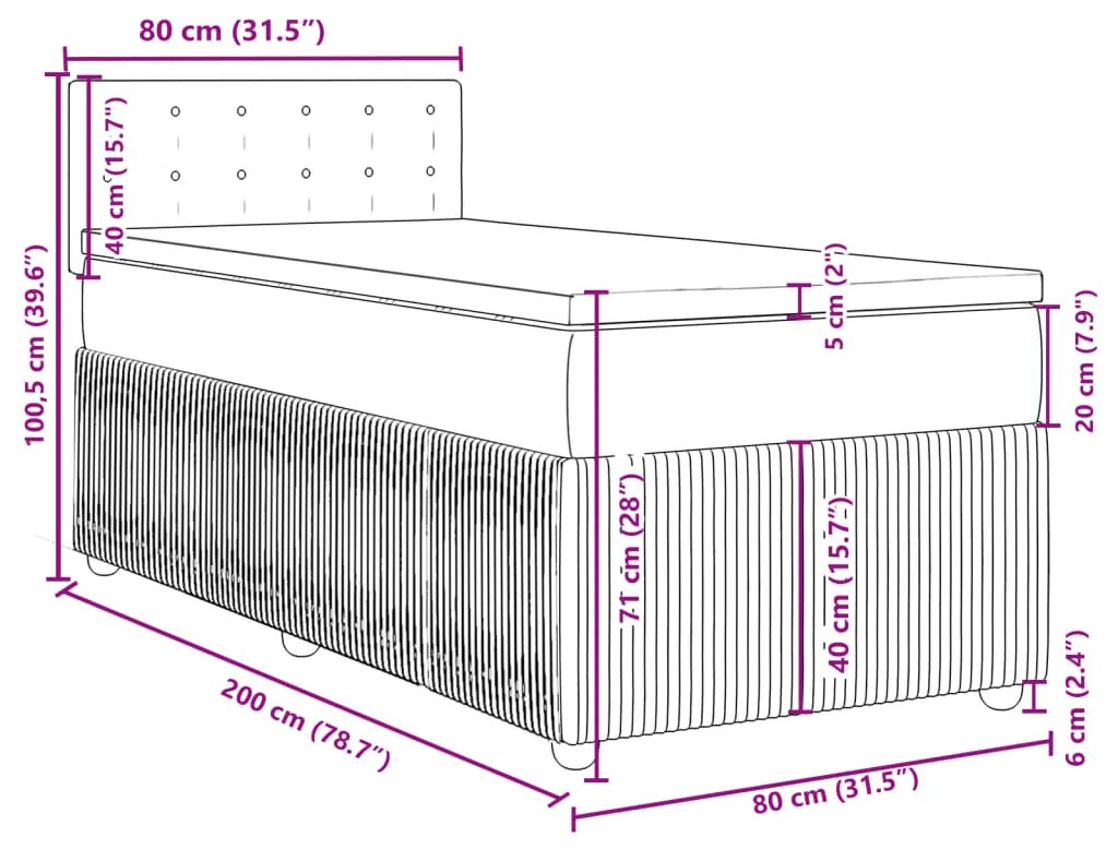 Κρεβάτι Boxspring με Στρώμα Σκούρο Γκρι 80x200 εκ. Βελούδινο - Γκρι