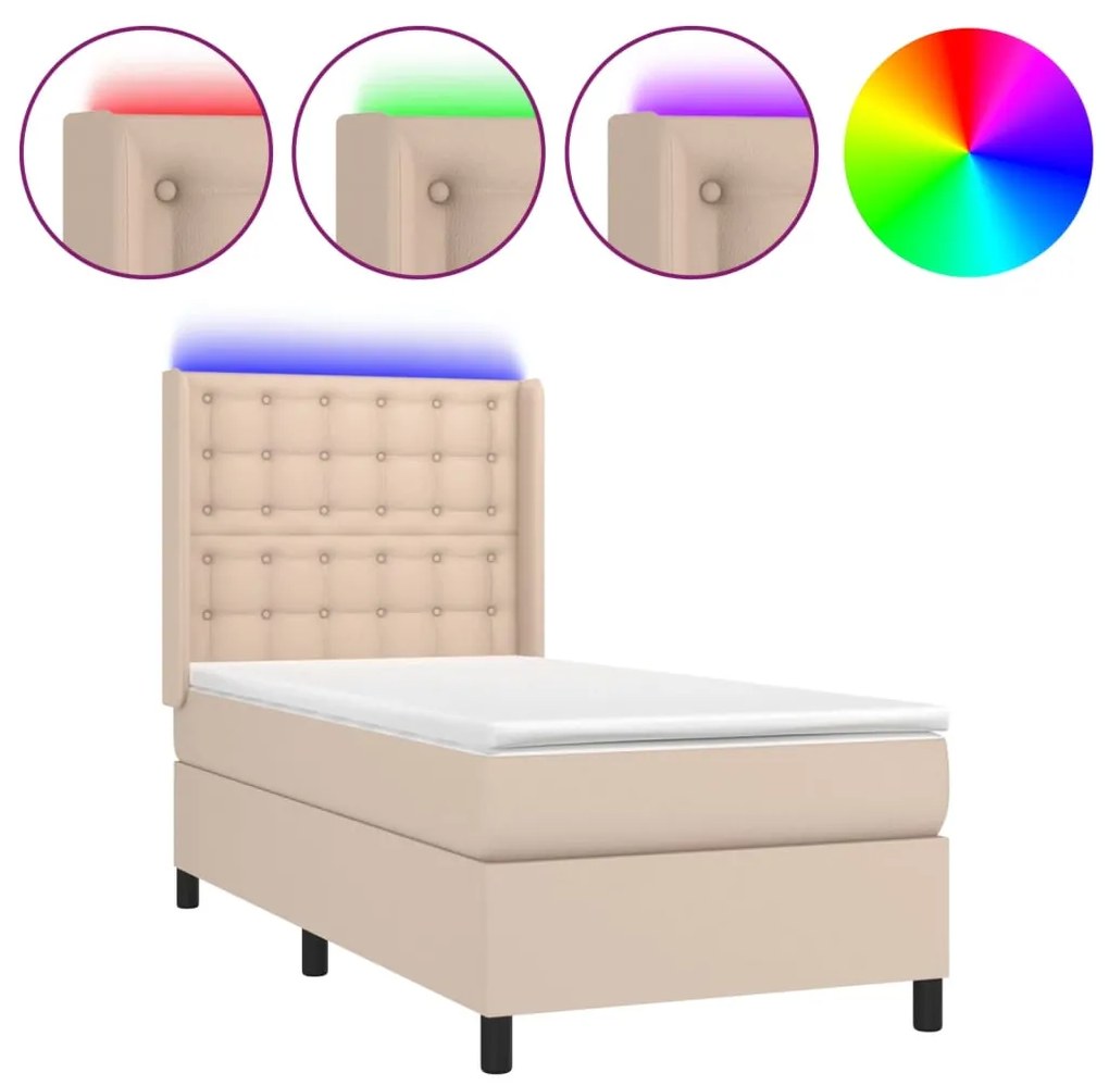 Κρεβάτι Boxspring Στρώμα&amp;LED Καπουτσίνο 100x200 εκ. Συνθ. Δέρμα - Καφέ