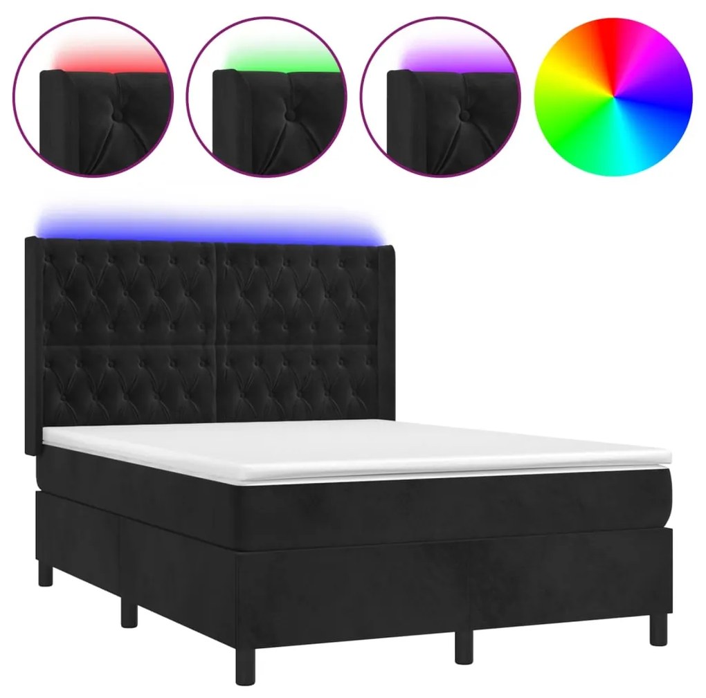 vidaXL Κρεβάτι Boxspring με Στρώμα & LED Μαύρο 140x190 εκ. Βελούδινο