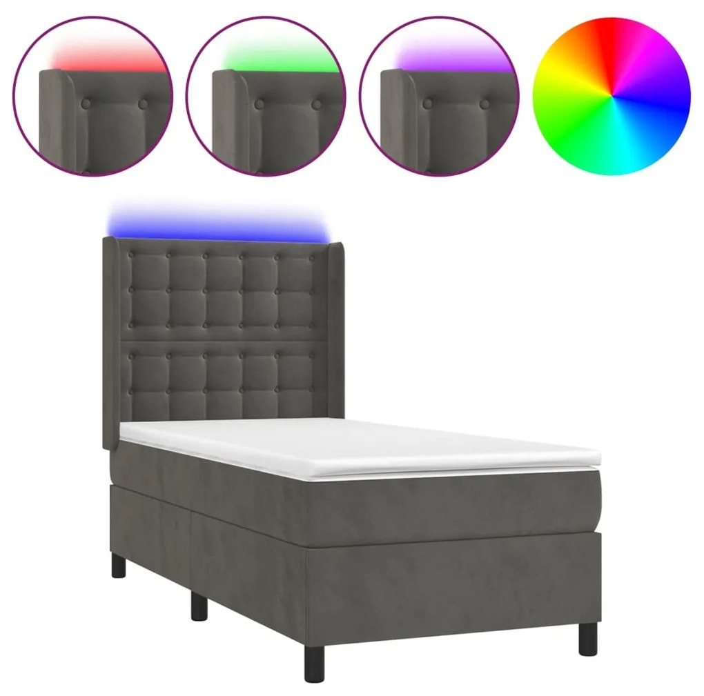 ΚΡΕΒΑΤΙ BOXSPRING ΜΕ ΣΤΡΩΜΑ &amp; LED ΣΚ. ΓΚΡΙ 90X190 ΕΚ. ΒΕΛΟΥΔΙΝΟ 3139776