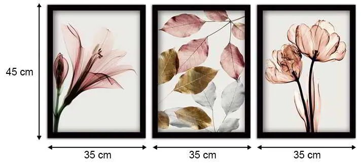 Πίνακας Pink Flowers Megapap 3 τμχ. σε πλαίσιο 35x45x2εκ.