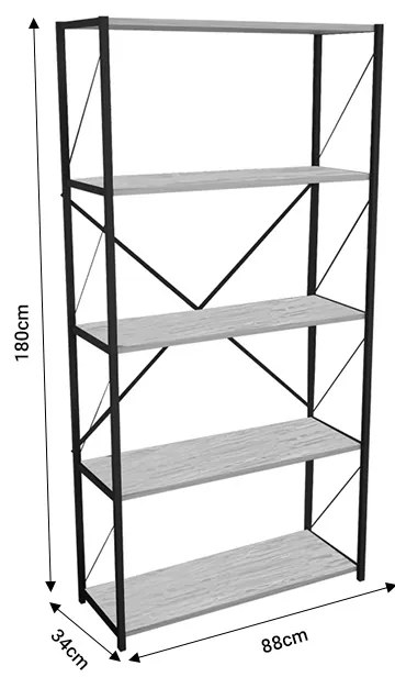 Βιβλιοθήκη Tikilmo pakoworld oak μελαμίνης-μαύρο μέταλλο 88x34x180εκ