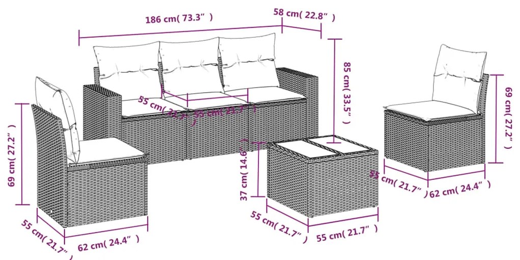 vidaXL Σαλόνι Κήπου Σετ 6 Τεμαχίων Καφέ Συνθετικό Ρατάν με Μαξιλάρια
