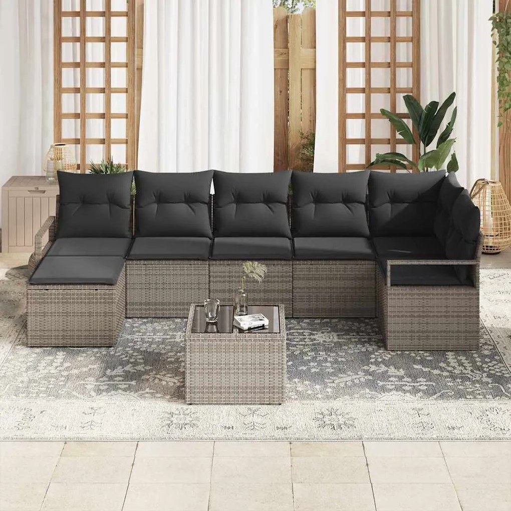 vidaXL Καναπές 7 Θέσεων με Μαξιλάρια Μαύρο Πολυ Rattan