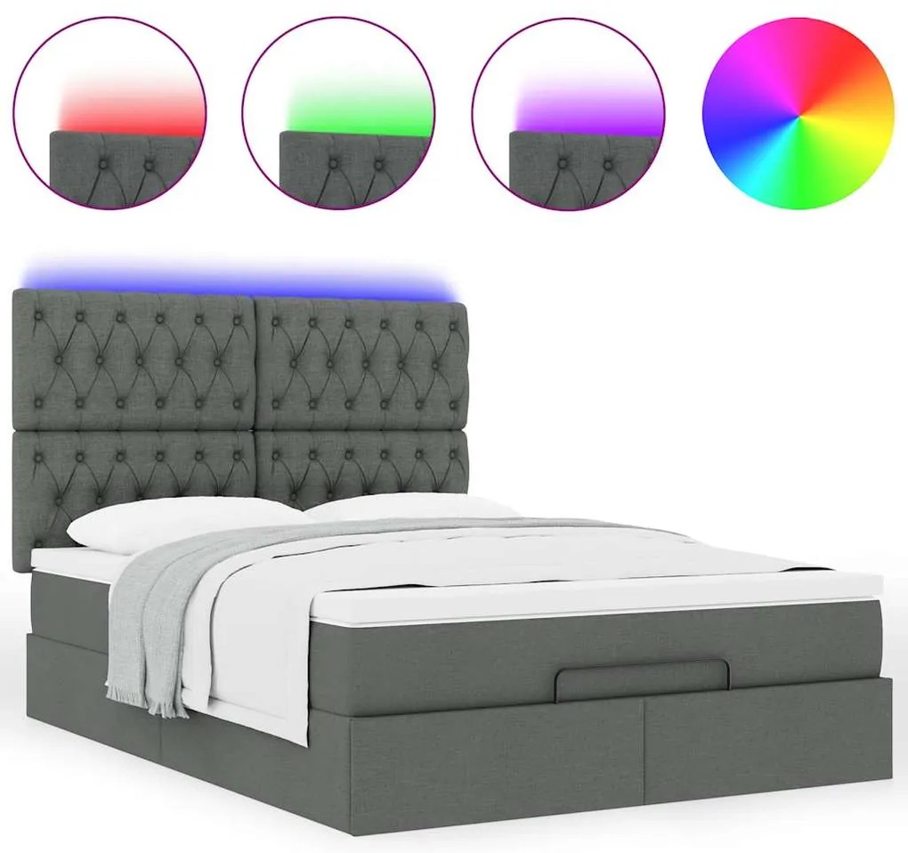 vidaXL Οθωμανικό κρεβάτι με στρώμα & LEDs Σκούρο γκρι 140x190cm Ύφασμα