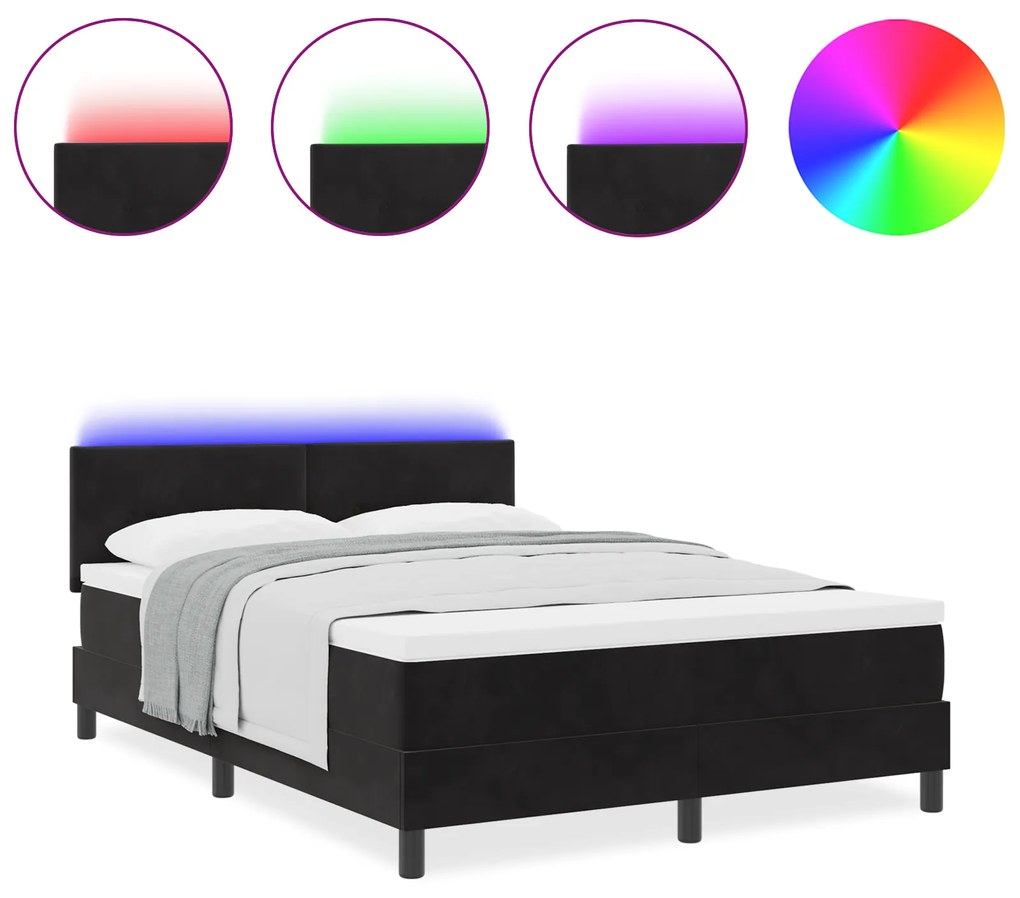 vidaXL Κρεβάτι Box Spring με Στρώμα & LED Μαύρο 140x200 εκ. Βελούδο