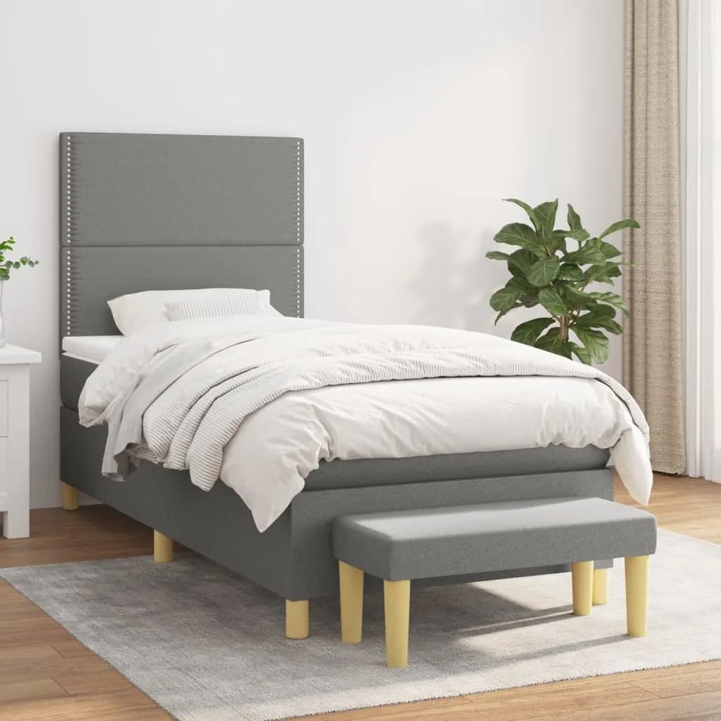 Κρεβάτι Boxspring με Στρώμα Σκούρο Γκρι 100x200 εκ. Υφασμάτινο