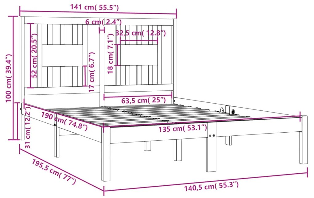 ΠΛΑΙΣΙΟ ΚΡΕΒΑΤΙΟΥ 135 X 190 ΕΚ. ΑΠΟ ΞΥΛΟ ΠΕΥΚΟΥ 4FT6 DOUBLE 3104038